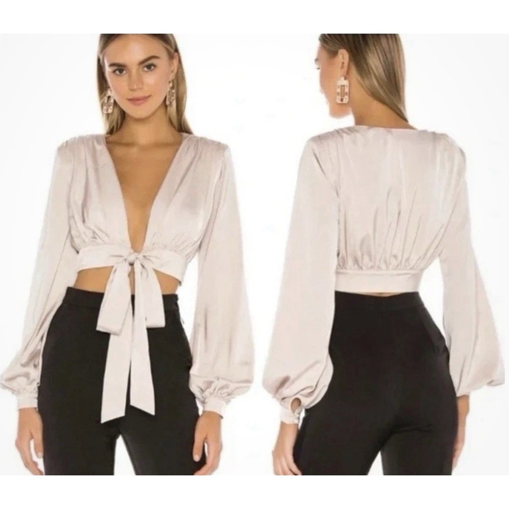 Nbd Revolve Imogen Tie Front Blouse Women's Champagne Cropped Puff Sleeve Size S
